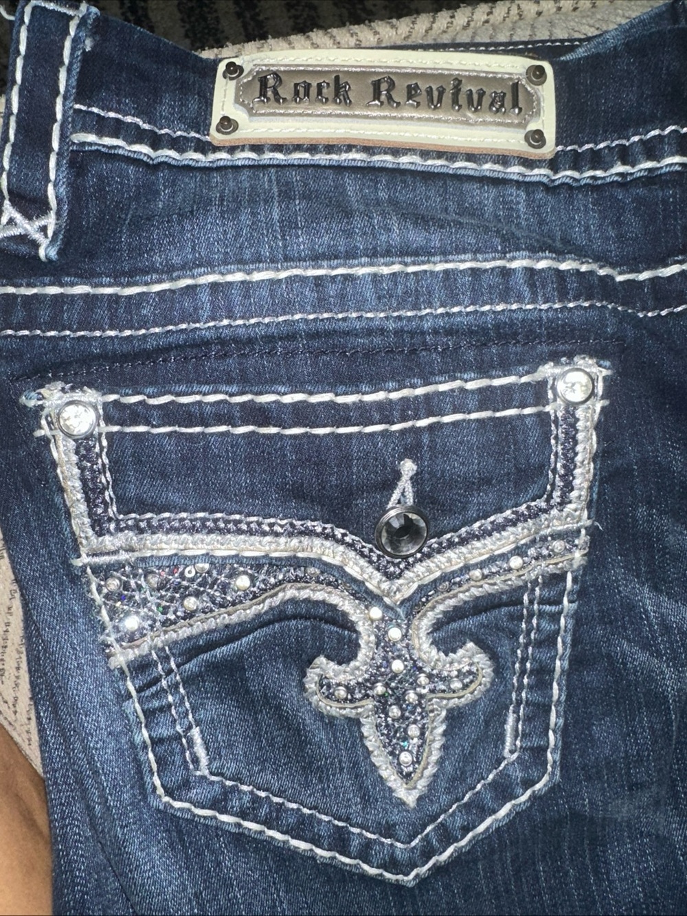 Rock Revival Leni Jeans Swarovski Dark Wash Jeans Y2K Easy Boot Cut Stretch 32 - Picture 3 of 9